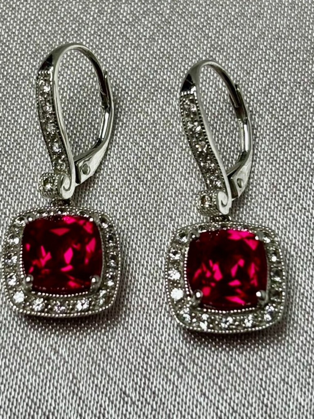 Diamond and Cushion cut Pigeon Red Ruby 14k white gold Earring